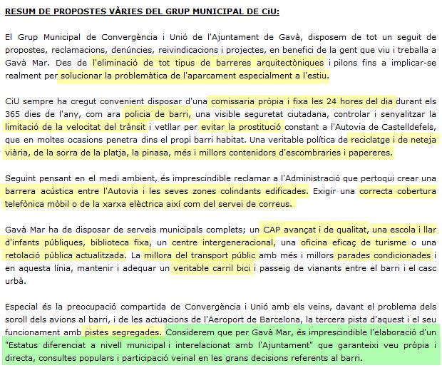 Propuestas de CiU de Gavà para Gavà Mar incluidas en su nueva web (Enero de 2008)